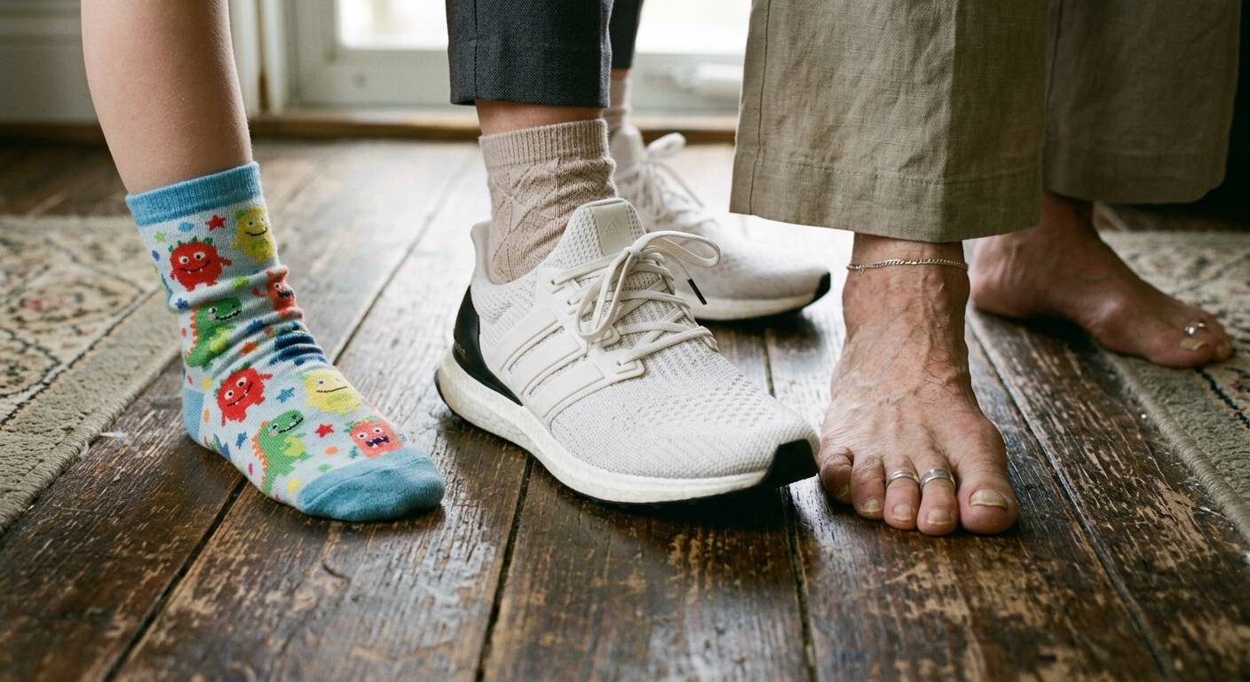 I piedi di tre persone di età diverse, uno accanto all'altro su un pavimento di legno: un bambino con i calzini colorati, un adulto in scarpe da corsa e una persona anziana a piedi nudi.
